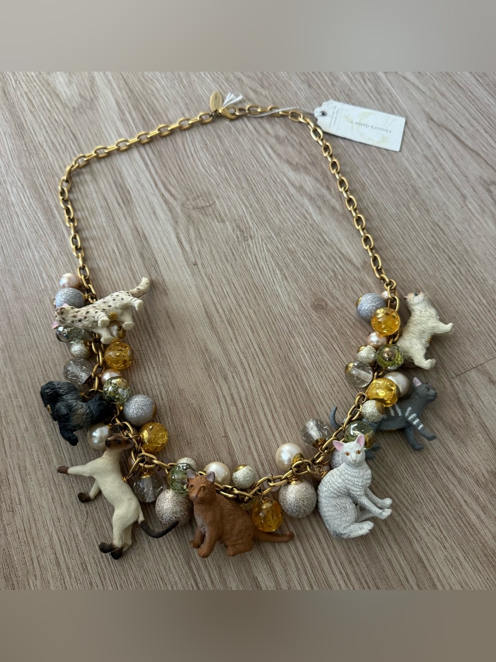 Lenora Dame Whimsical Cat Charm chunky beaded Necklace NWT